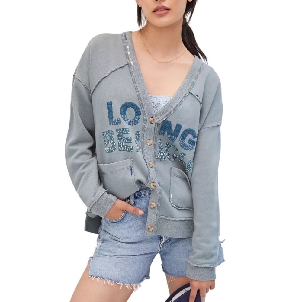 Pilcro Varsity Cardigan Long Beach Graphic Oversized Green Womens Size L Cozy